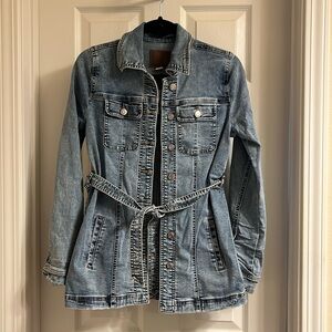 Medium Wash Tie Waist Denim Trench Jacket.  Removable tie/belt.